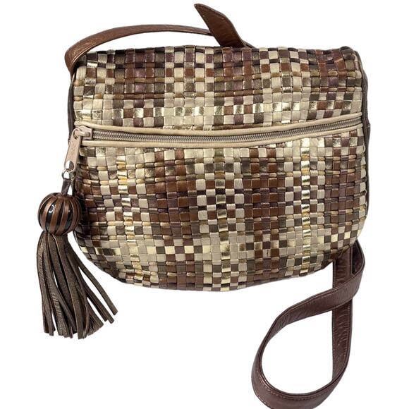 Sharif Metallic Gold Woven LEATHER HANDBAG Plaid Shoulder Crossbody Bag Tassel - Picture 9 of 13